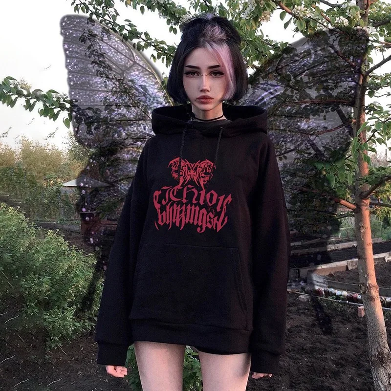 

Letter Printing Oversized Grunge Hoodies Women 2021 Autumn Black Punk Sweatshirts Female Casual Long Sleeve Pullover Tops Gothic