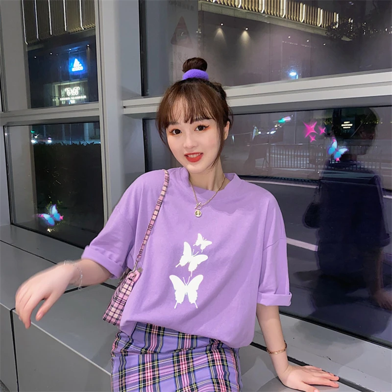 

Reflective Unisex White T-shirt With butterfly Inscriptions Summer Cotton Tee-shirt Tops Fashion Tshirts