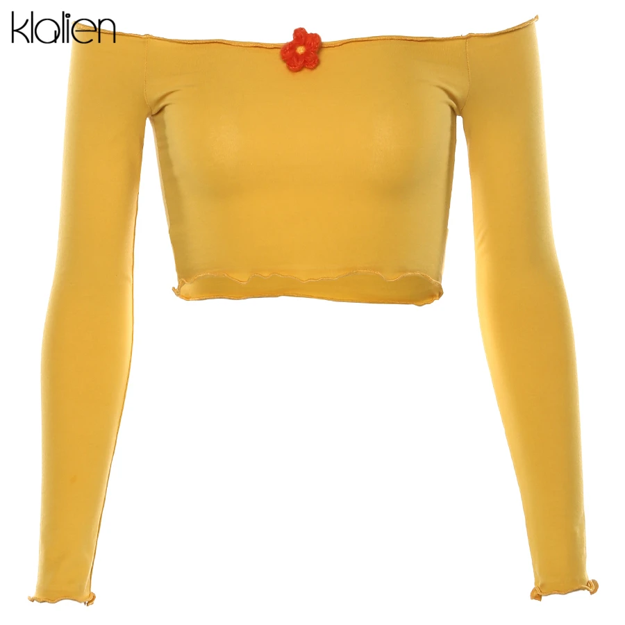 Женская футболка с открытыми плечами kalien однотонная укороченная длинными