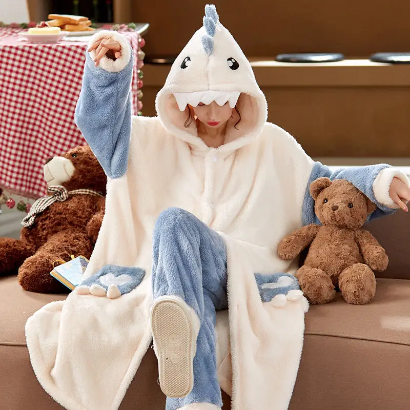 

Female 2PCS Pajamas Suit Flannel Sleep Sets Warm Winter New Nightgown Lingerie Casual Pijamas Hooeded Home Clothes Robe&Pants