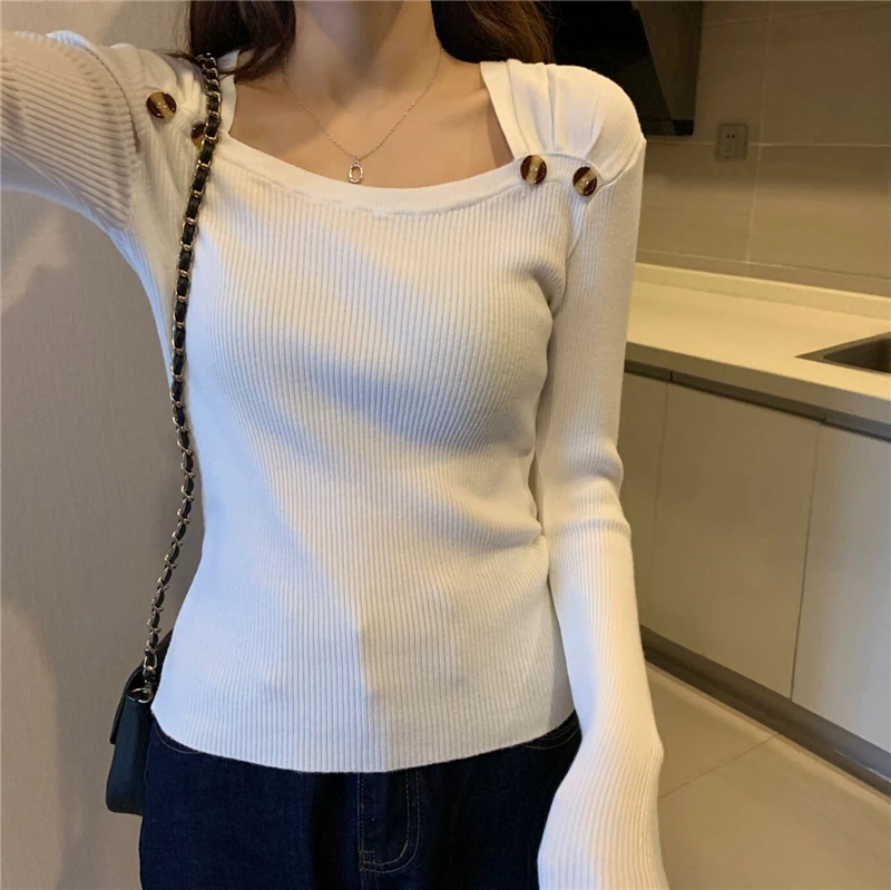 

Korean New Chic Squrae Collar Long Sleeve T-shirt Women Autumn Winter Knitted Slim Tee Shirt Female Basic Tops