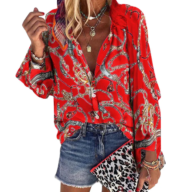 

Casual Plus Size Tops And Blouses Women 2021 Summer Long Sleeve V-neck Chain Print Office Lady Loose Blouse Feminino