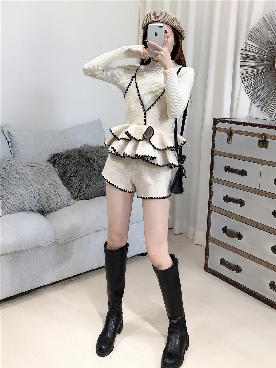 ALPHALMODA, вязаный свитер+ жилет с рюшами+ шорты, Женский Стильный костюм из 3 предметов, новинка, осенне-зимний модный комплект одежды