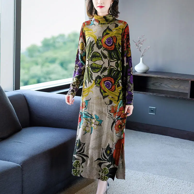

Lady's Autumn and Winter Dress Fashion Print Vintage Women Dresses Mid-length Cashmere Sweater Dress Elegant Loose Vestido f2701