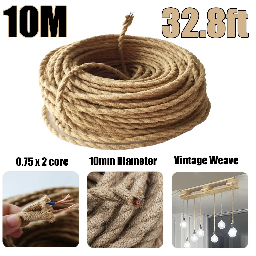 

10m 32.8FT 393inch Copper 2 cord x 0.75 Vintage Electrical Wire Wires Hemp Rope Woven Textile Twisted Cable Braided Light Line