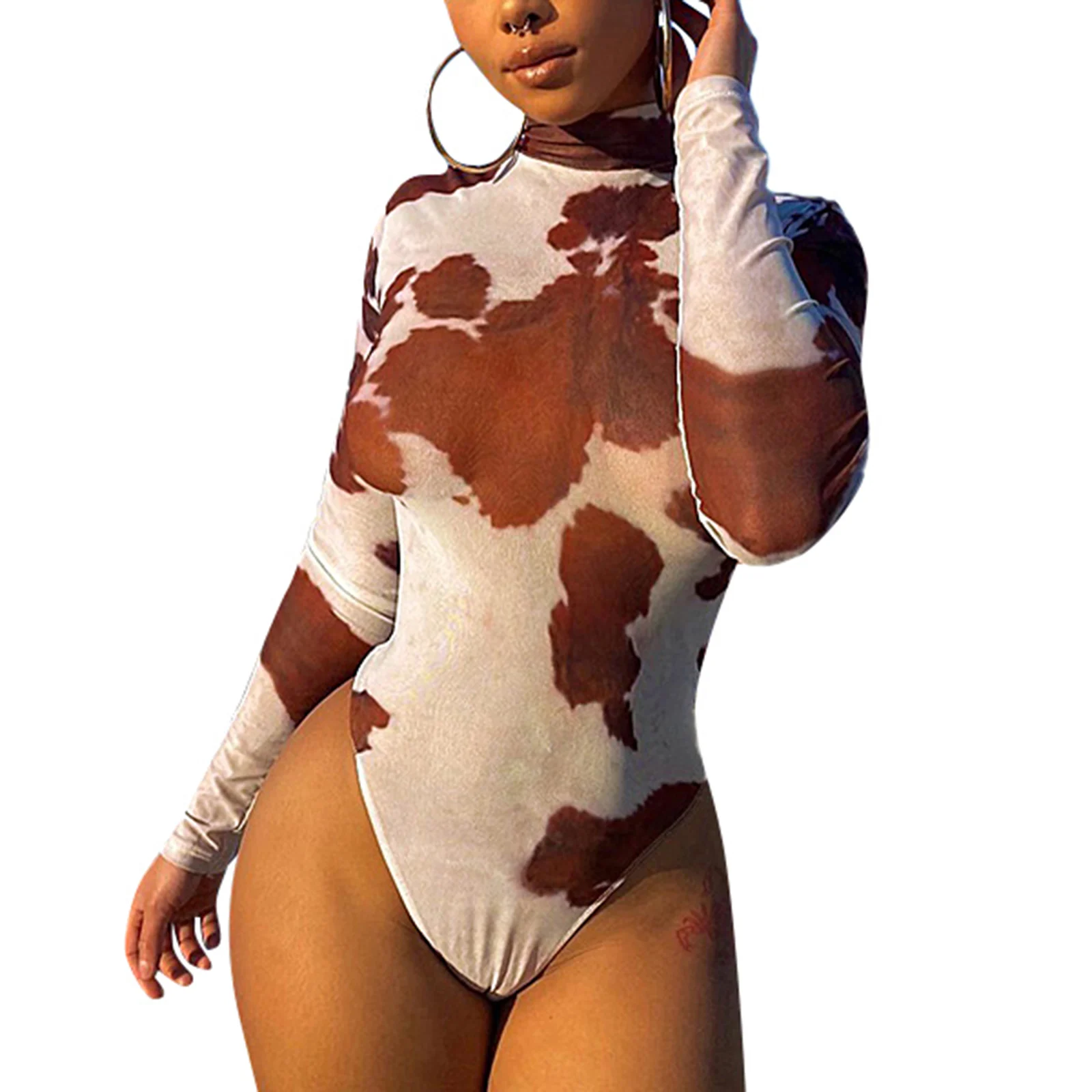 

Женское осеннее пикантное боди-водолазка с длинным рукавом для взрослых боди с коровьим принтом коричневый S M L шикарный и удобный