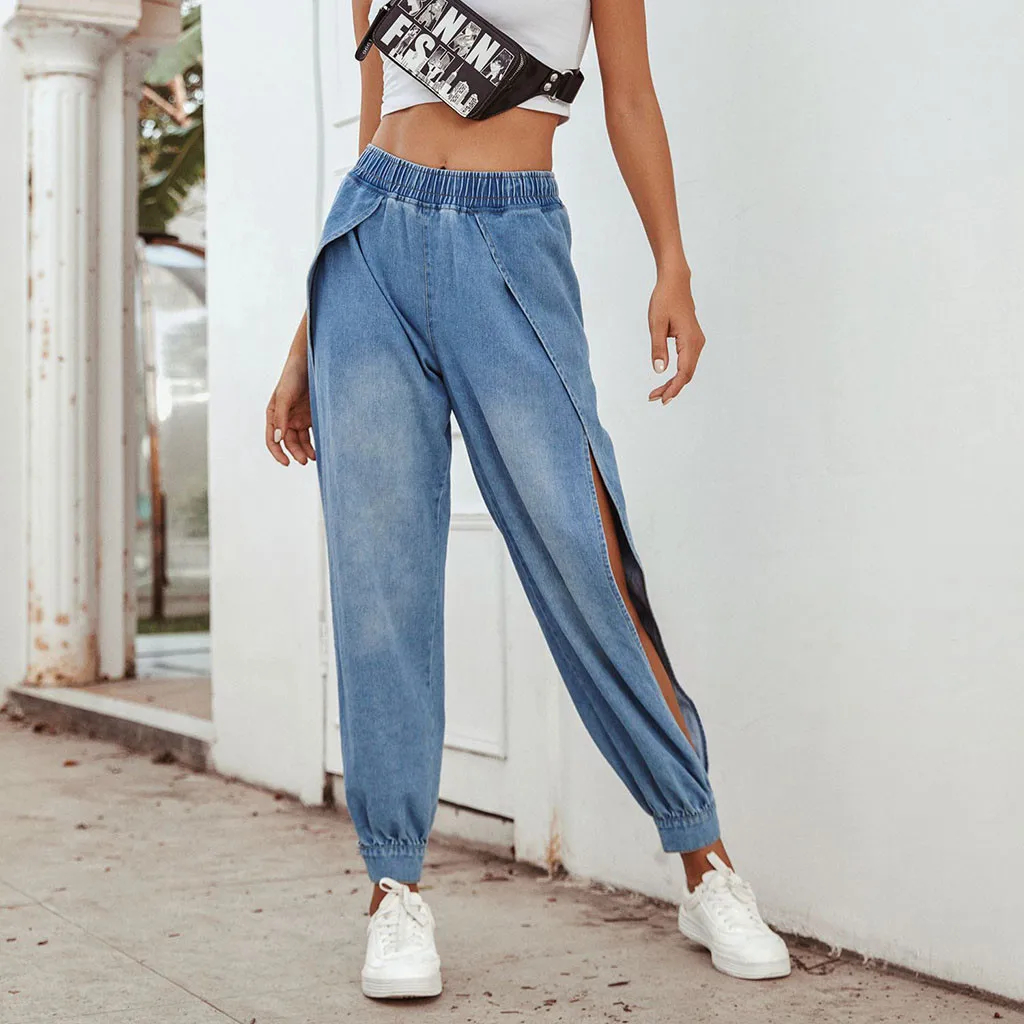 Женские джинсы с разрезами синие брюки модные растягивающиеся для фитнеса