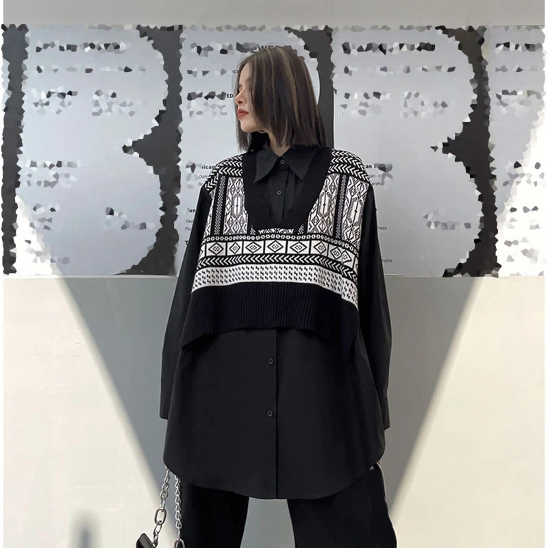 

XITAO Vintage Casual Shirt Women Patchwork Fashion New Hong kong Style Turn Down Collar Long Sleeve Fake Two Pieces Sets ZY4770