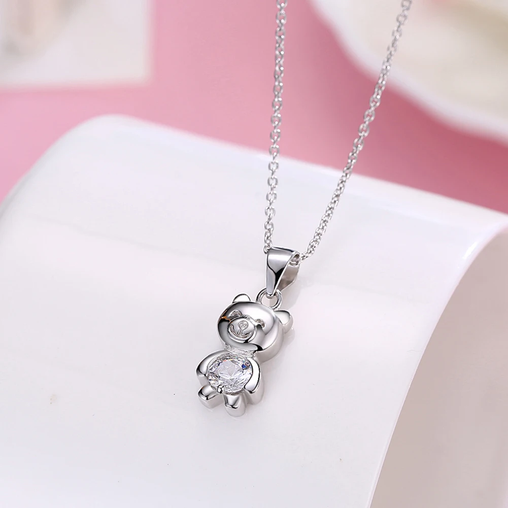 

LEKANI S925 Sterling Silver Necklace For Women Cute Small Bear Shap Inlay Cubic Zirconia Pendent Necklace Party Fine Jewelry
