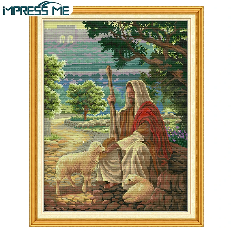 

IMPRESS ME Jesus Shepher Religion Embriodery Needlework Set DIY Handicraft 14CT 11CT Counted Cross Stitch Kits for Home Decor