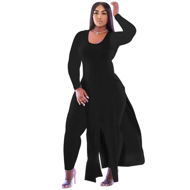 

Осенний Женский комплект из двух предметов, размеры до 5XL, повседневная одежда, платье с длинным рукавом и высоким разрезом, длинные брюки, О...