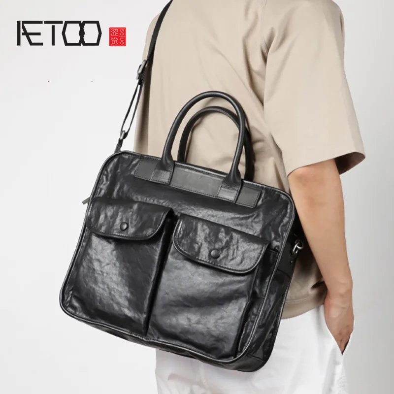 

AETOO мужские сумки из натуральной кожи, деловые повседневные портфели, первый слой воловьей кожи сумки на плечо