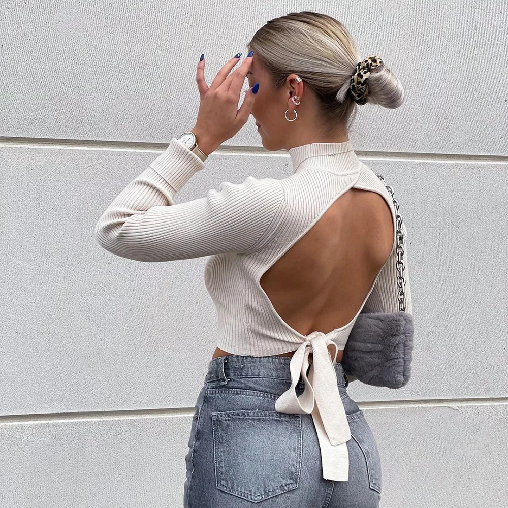 

2021 New Women Backless Knit Sweater High Neck Long Sleeves Casual Fashion Chic Lady Woman Sweaters Pullovers Tops