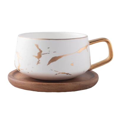 

ANTOWALL Ceramic Coffee Mug with Wooden Saucer Set Golden Marble Nordic Milk Cup Set (No Spoon)