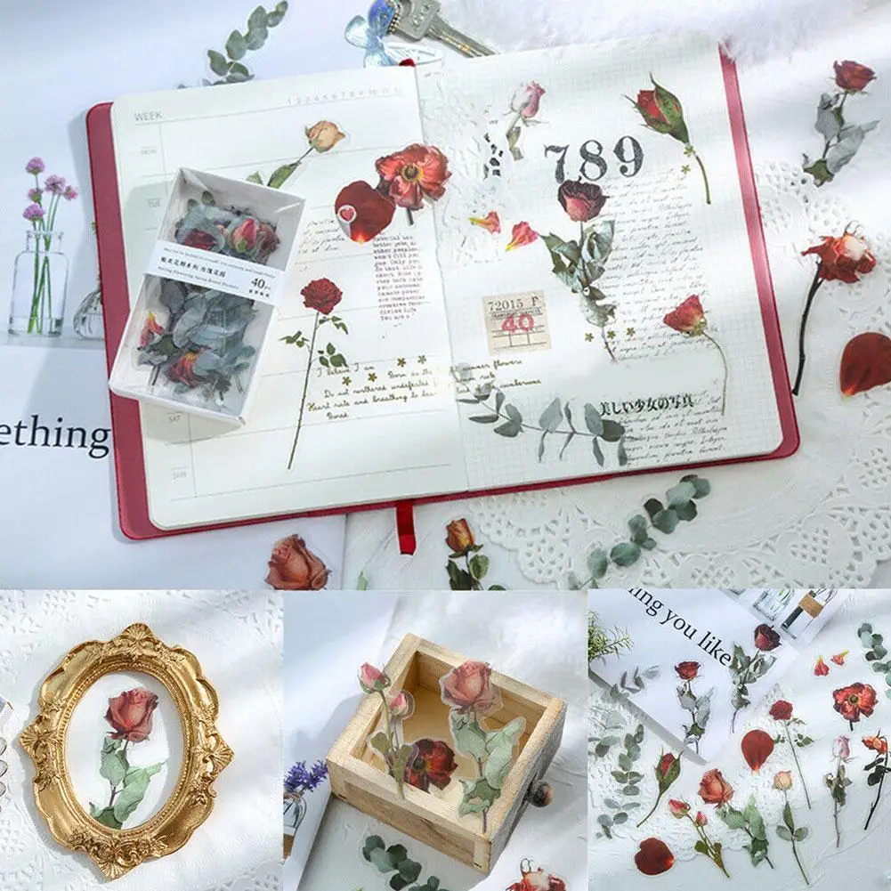 

40pcs/box Vintage Flower Stickers For Ablum Diary Scrapbooking Journal Decoration Label Sticker Kawaii Stationery Birthday Card
