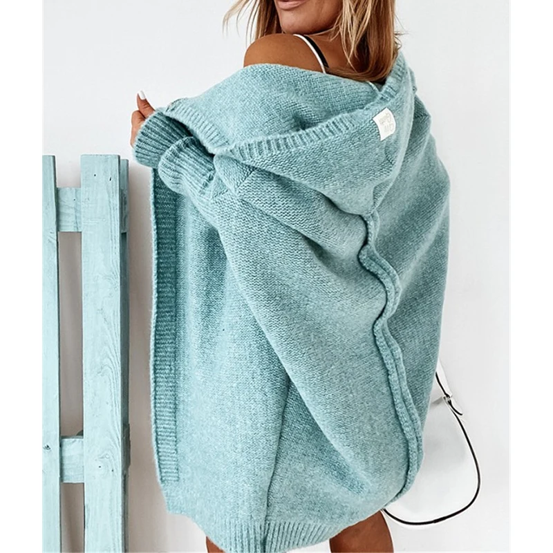 

Женский длинный кардиган с рукавом «летучая мышь», теплый свободный свитер большого размера с капюшоном в Корейском стиле, верхняя одежда, ...