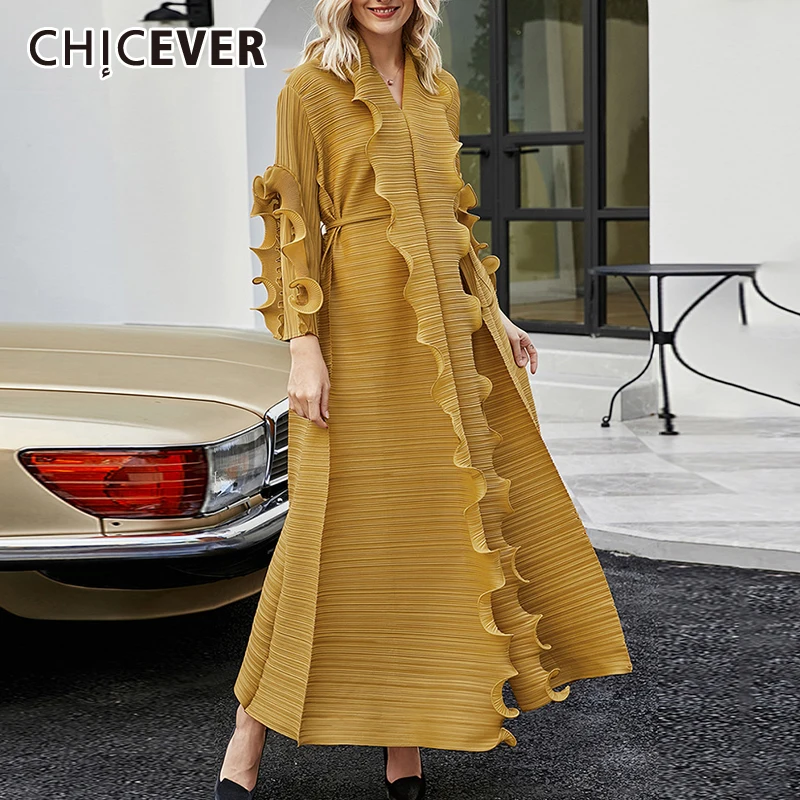 

CHICEVER Solid Ruched Dress For Women V Neck Long Sleeve Ankle Length Loose Patchwork Dresses Females Fashion Clothes 2021 Style