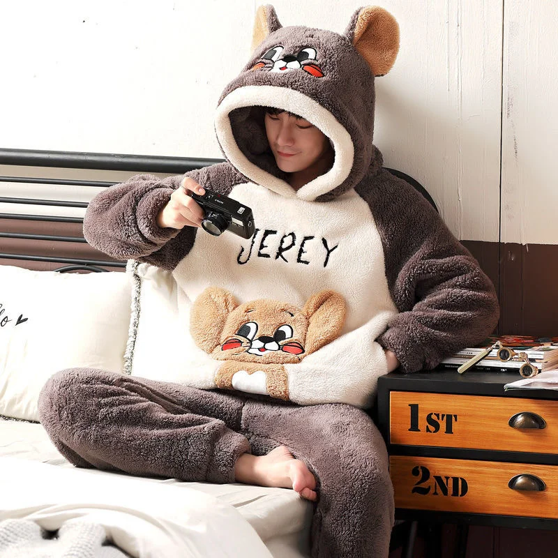 

Мужская Толстая плюшевая Пижама, зимняя и весенняя фланелевая теплая одежда кораллового цвета, домашний костюм, новинка 2021