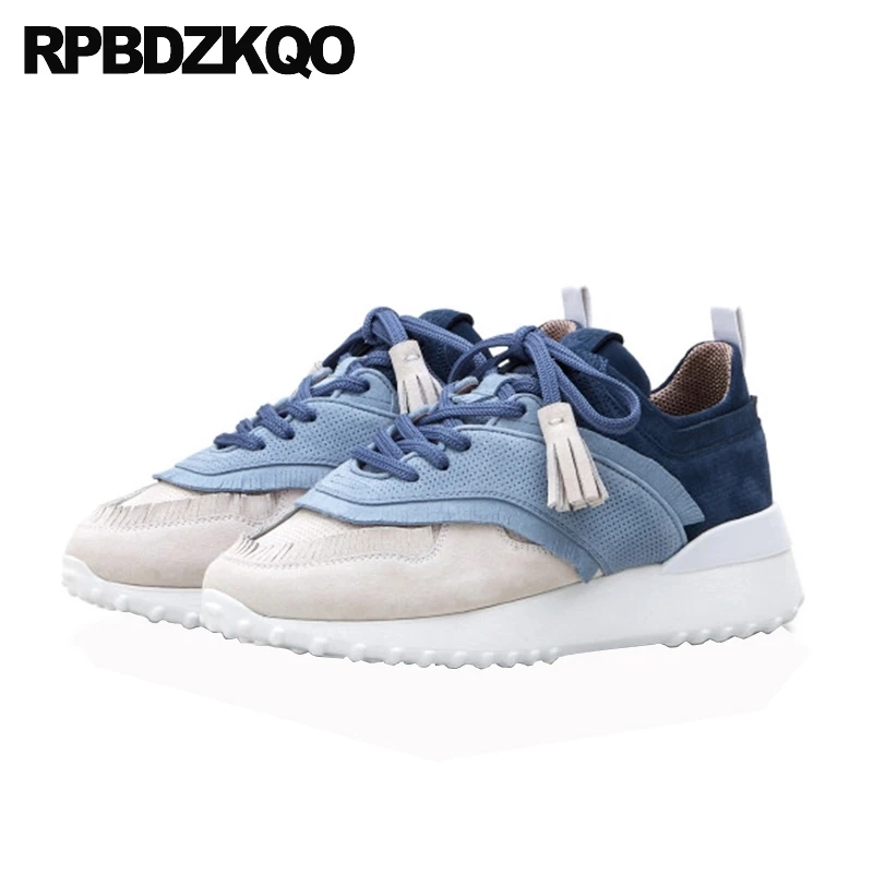 Кроссовки женские синие из натуральной кожи с кисточками на толстой подошве 2021 |