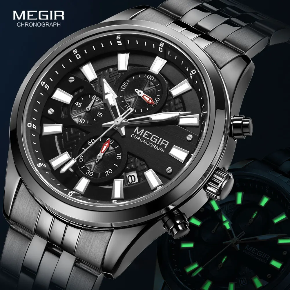 

MEGIR 2021 New Men Watches Luxury Top Brand Quartz Watch Man Stainless Steel Strap Waterproof Luminous Chronograph Wristwatch
