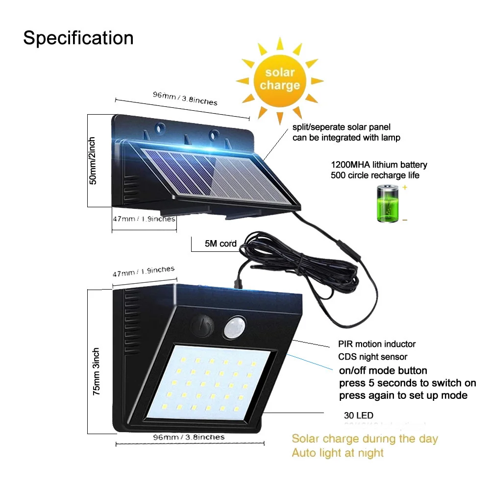 Super Bright Solar Lights 56/30 LED Power Outdoor Motion Sensor Light on Both Side Waterproof for Deck Yard Garden Pat | Лампы и