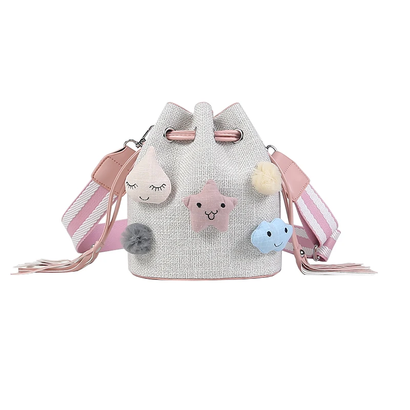 

High Quality Female Shoulder Bag Linen Cute Cartoon Tassel Ladies Small Bucket Messenger Bag for Travel Daily Torebki Damskie