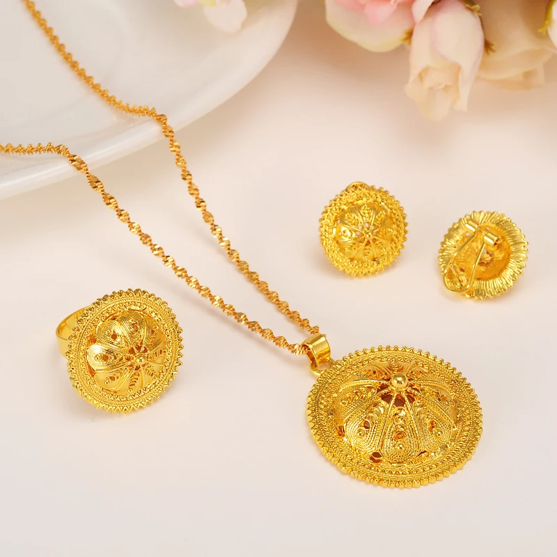 

Ethiopian Gold Jewelry set roundPendant Necklaces Earring Ring crystal Africa women men Bridal Wedding party zircon Eritrea Sets