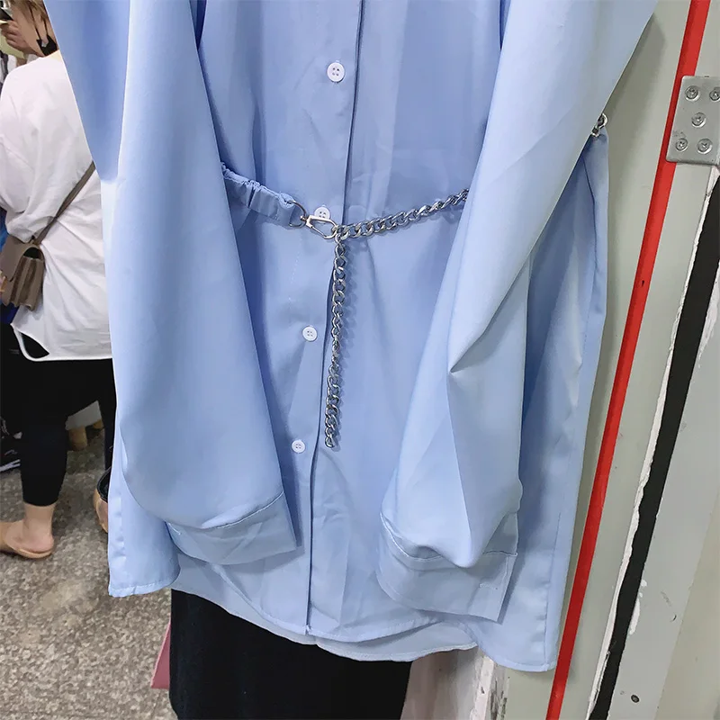 

Spring Elegant Off Strapless Blouse Solid Color Shirt Long Sleeve Shirt Loose Chain Waist Design Top