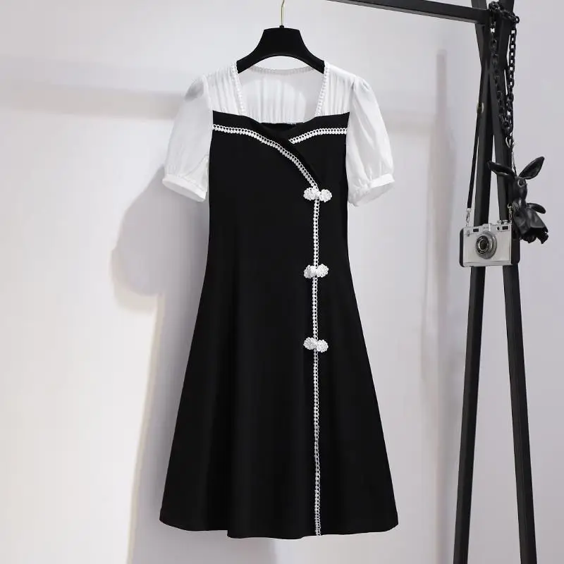 

Women's Spring Summer Style Dress Short Sleeve Button Square Collar Patchwork Korean Elegant Dress AA3149