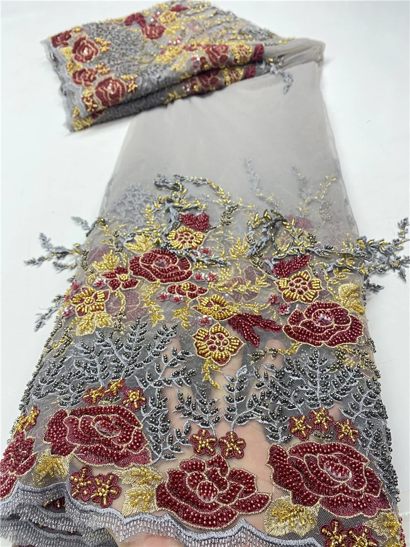 

French Handmade Beaded Tulle Lace Fabric African Embroidery Lace Fabric 2021 High Quality Mesh Lace Material Sewing NI4638-3