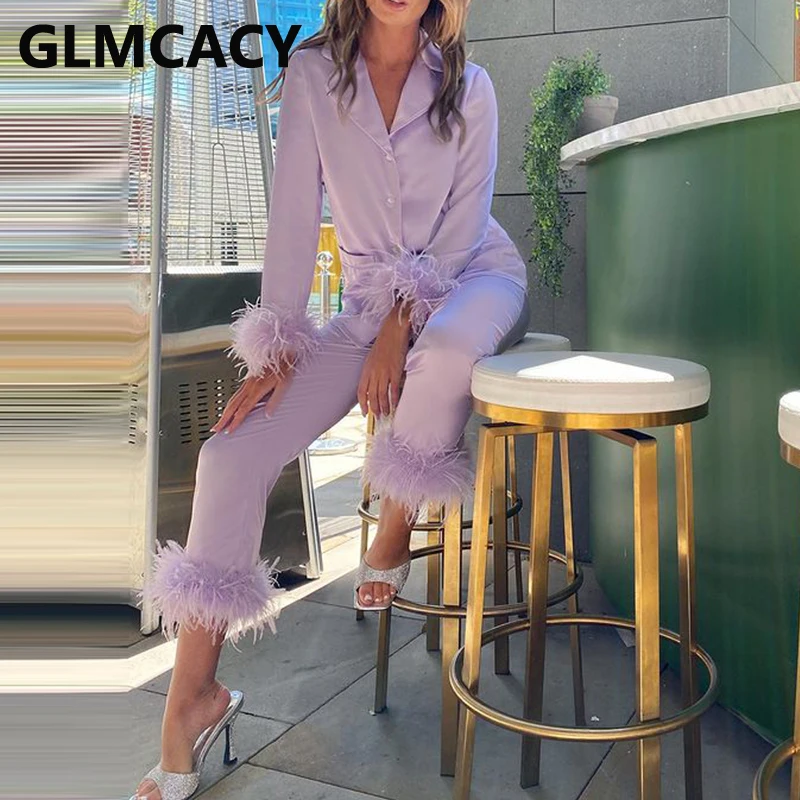 

Two Piece Chic Feather Detail Lounge Suits Long Sleeve Button Up Top & Slim Pants Set