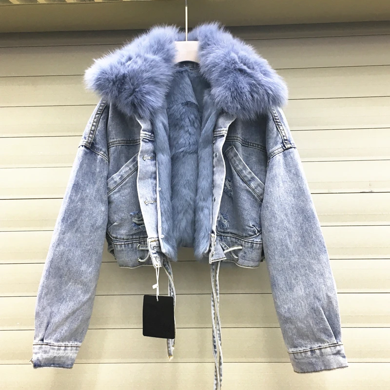 Real Fox fur collar thick warm denim jacket female winter detachable real rabbit fur liner Bandage stitching real fur coat F2153