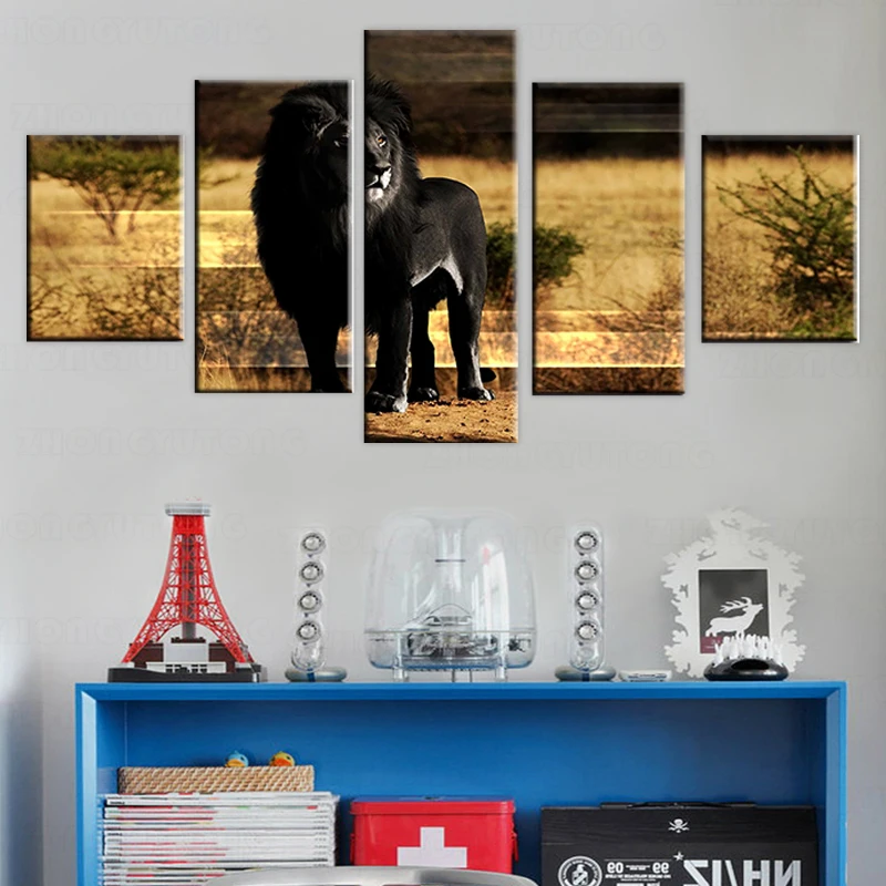 Художественные модульные холщовые картины 5 шт. HD печать животные черный Лев