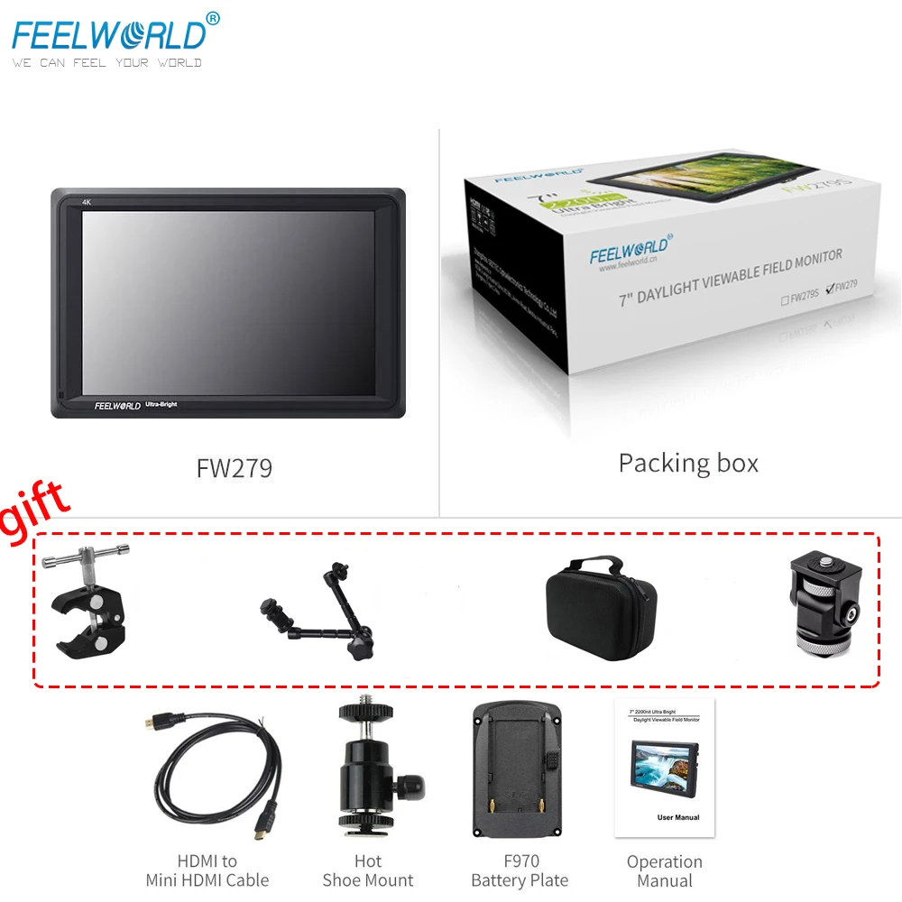 

Накамерный монитор Feelworld FW279S 7" 2200nit дневного света поле DSLR монитор 3G-SDI формат 4K HDMI Разрешение экрана 1920X1200 Высокая яркость Full HD на камере ips св...