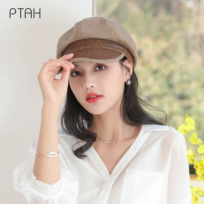 

[PTAH] Summer Women Berets Hat Straw Cloth Beach Cap Breathable Comfortable Foldable Windproof Belt Visors Sun Protection Female