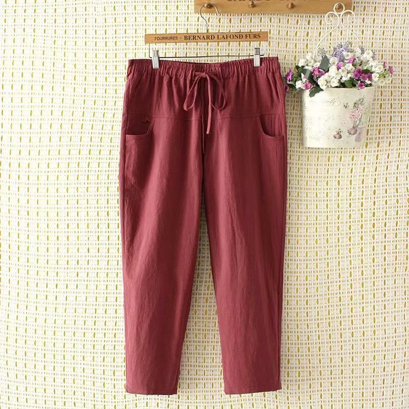 

Plus Size 2XL-4XL Women's Cotton&Linen Ankle Pants Elastic Waist Straight Solid Color Vintage Pants