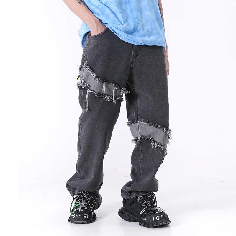 

Harajuku High Street Retro Washed Raw Edge Patchwork Jeans Pants Men and Women Loose Zipper Fly Hip Hop Denim Trousers Wide Leg