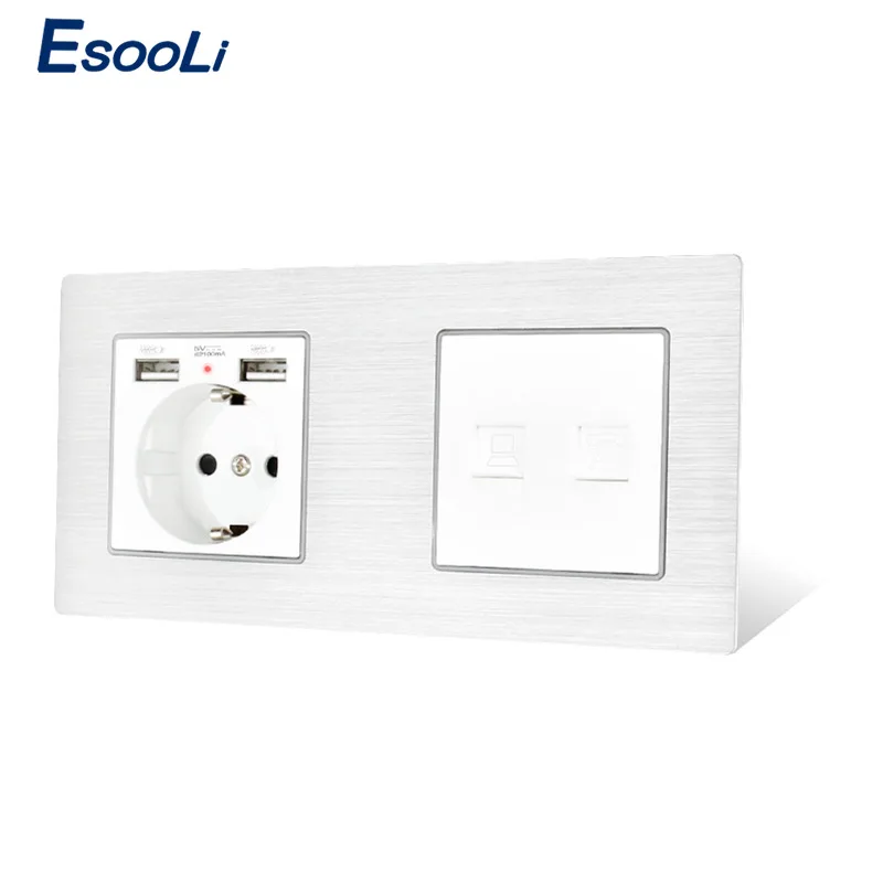 Esooli алюминиевая панель ЕС розетка с 2 USB + RJ11 телефонный разъем RJ45 данных