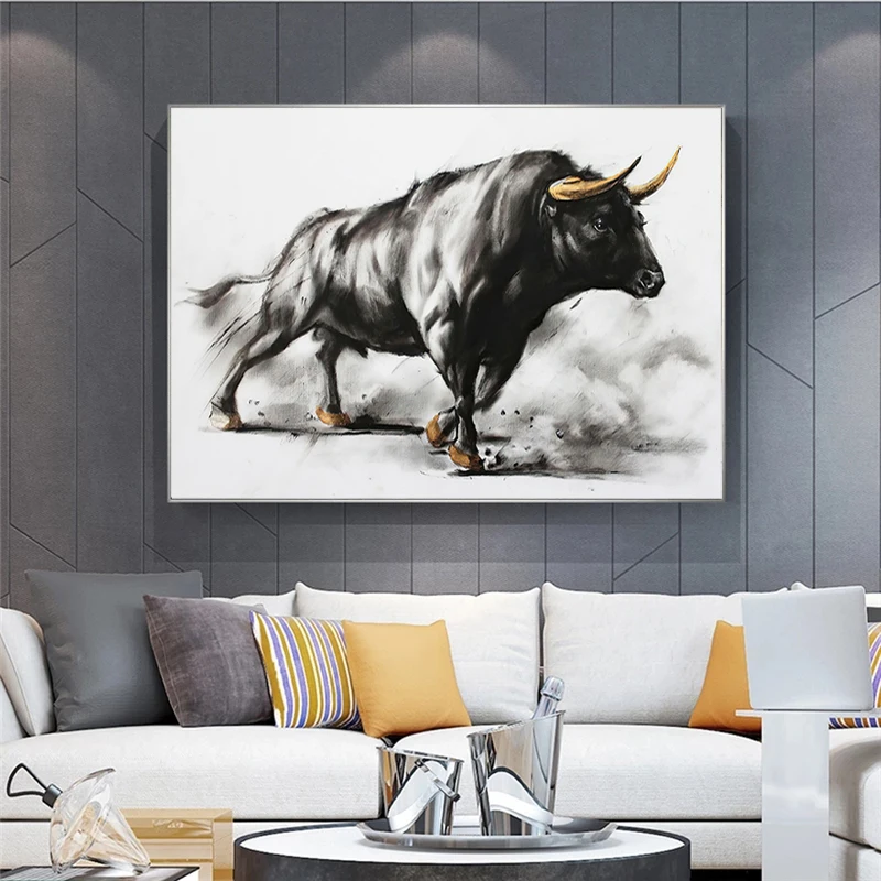 

Black and White Bull Canvas Paintings Modern Animal Art Posters and Prints Scandinavian Cuadros Wall Art for Living Room Decor