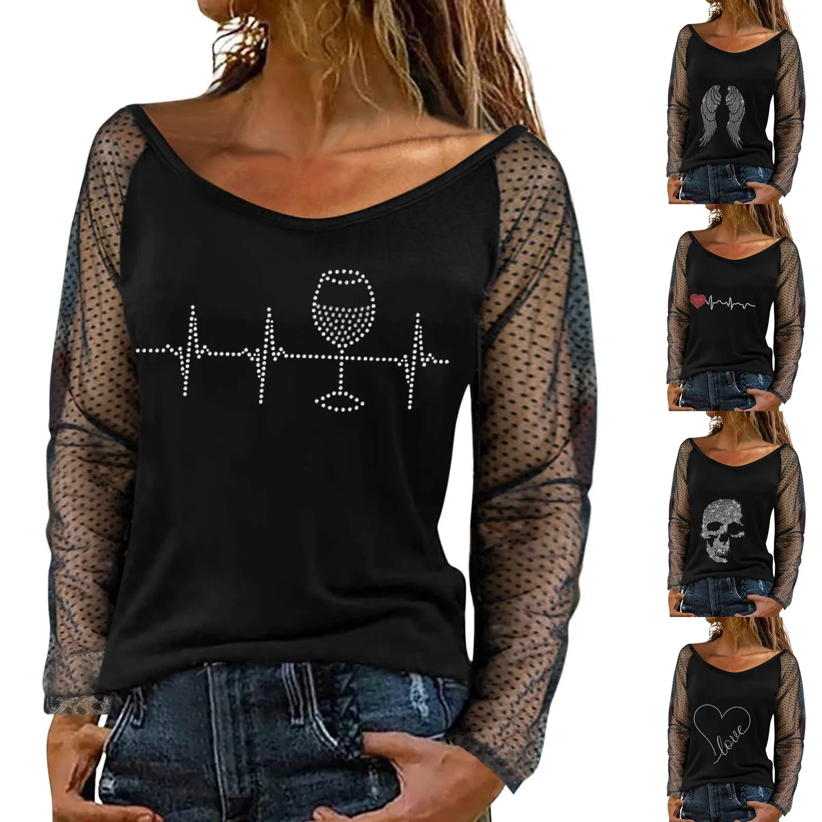 

Women's T-shirt Spring Summer New Style Off Shoulder Top Casual Sexy Fashion Print Hot Diamond Flashes Long Sleeve Shirt Tshirts