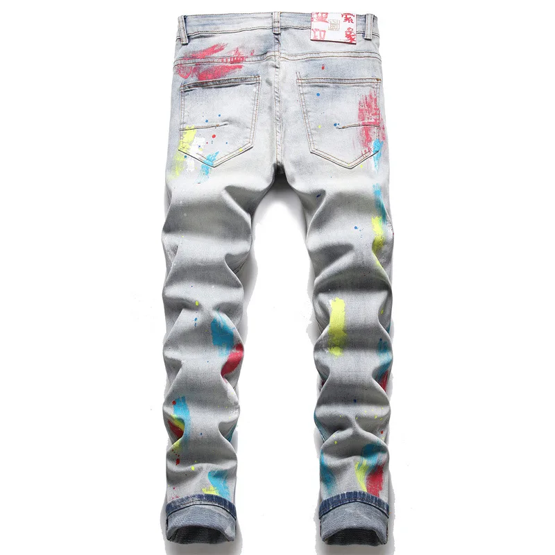 Korean Fashion Multicolour Graffiti Hip Hop Men Pencil Jeans Trousers Hole Ripped Slim Denim Pants For Nightclub Pantaloni Uomo