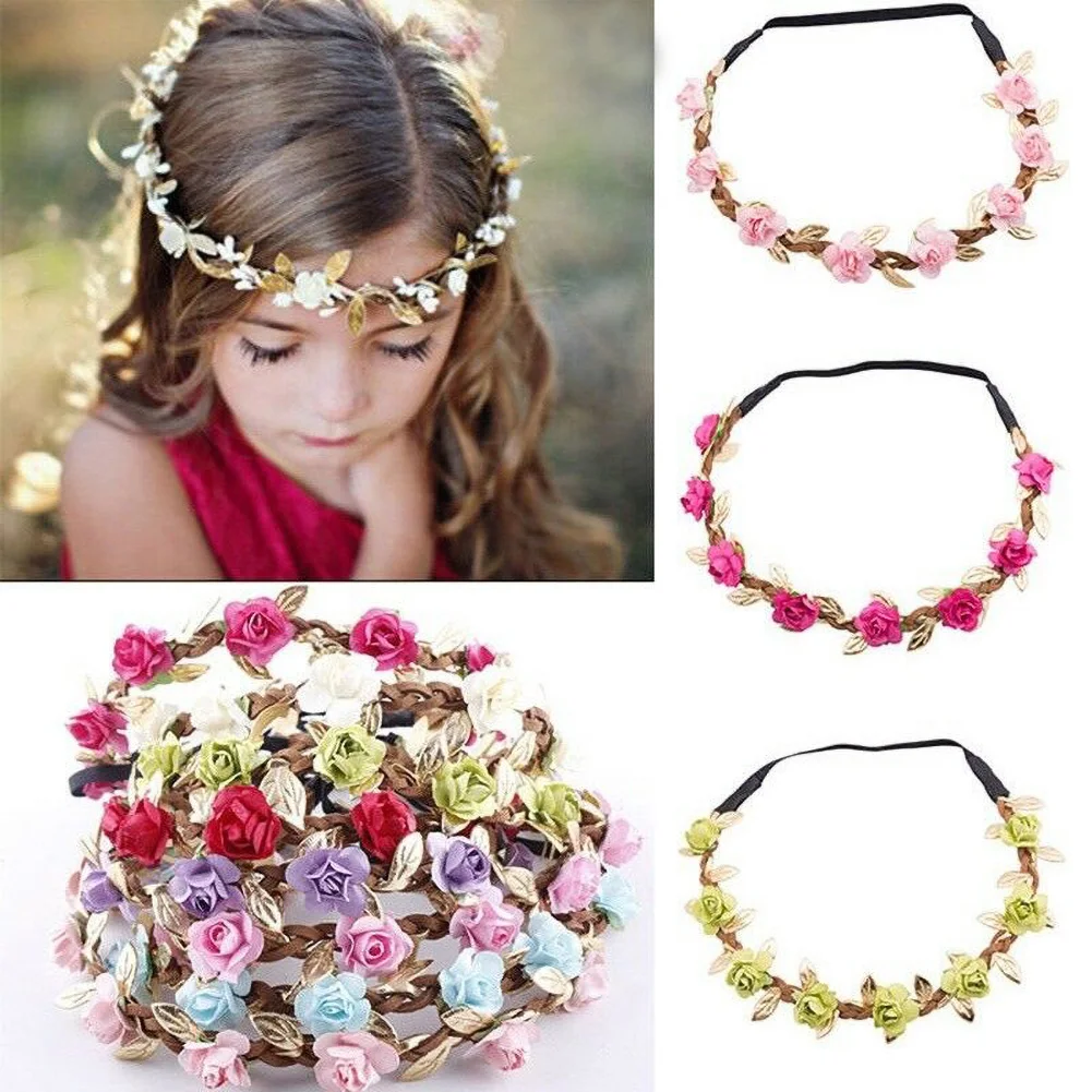 

Trendy Girls Women Flower Crown Hair Band Wedding Gold Leaf Floral Multi-color Geometric Rose Flower Leaves Hair Accessories