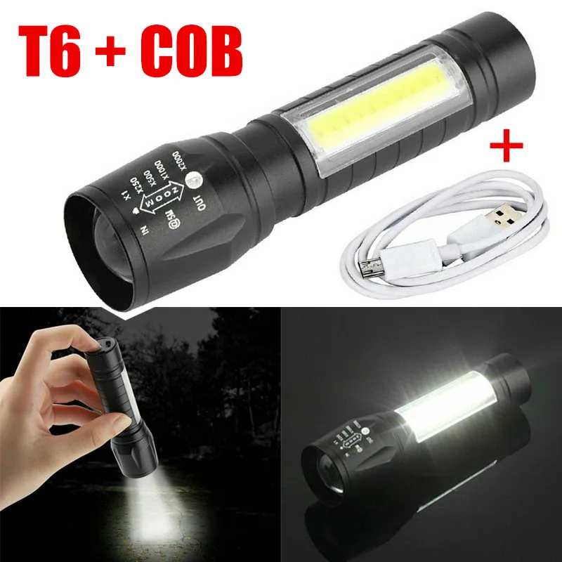 

Portable T6 COB LED Flashlight Waterproof Tactical USB Rechargeable Camping Lantern Zoomable Focus Torch Light Lamp Night Lights