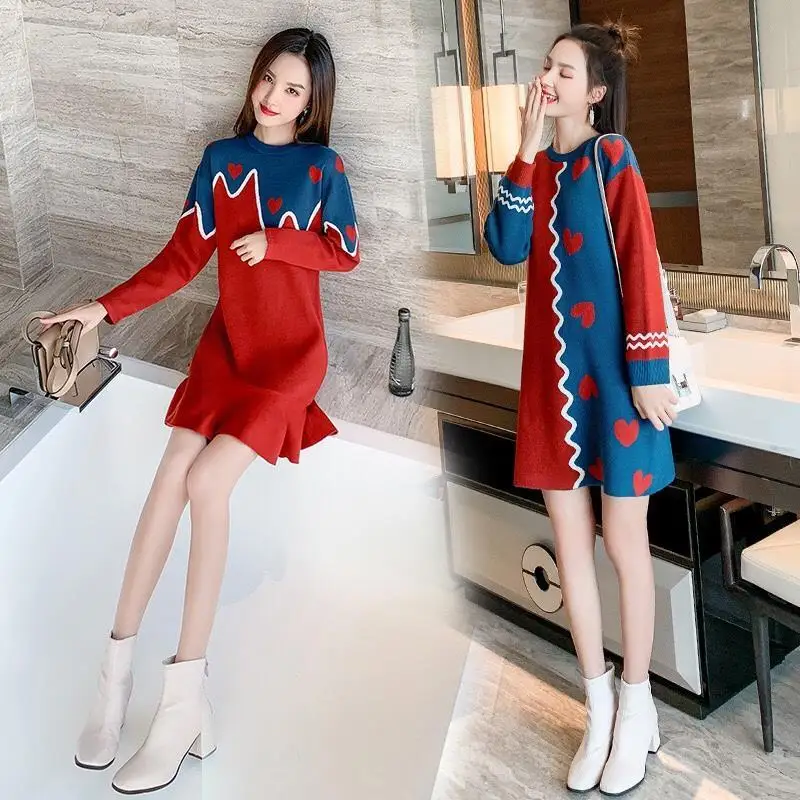 

Autumn 2020 New Women's Ruffled Dress Knitted Blue Red Color Matching Skirt Long Sleeve Trendy Grace Long Winter Sweater Female