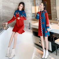 autumn 2020 new womens ruffled dress knitted blue red color matching skirt long sleeve trendy grace long winter sweater female