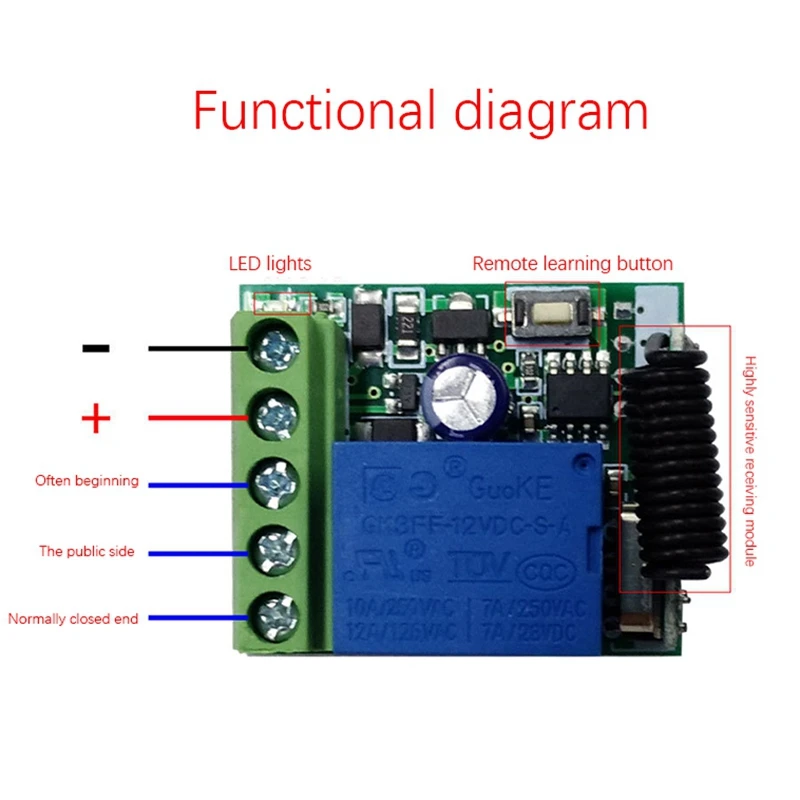 

433Mhz DC12V Universal Single Relay Wireless Remote Control Switch for Garage Window(2 Remote Control 1Receiver )
