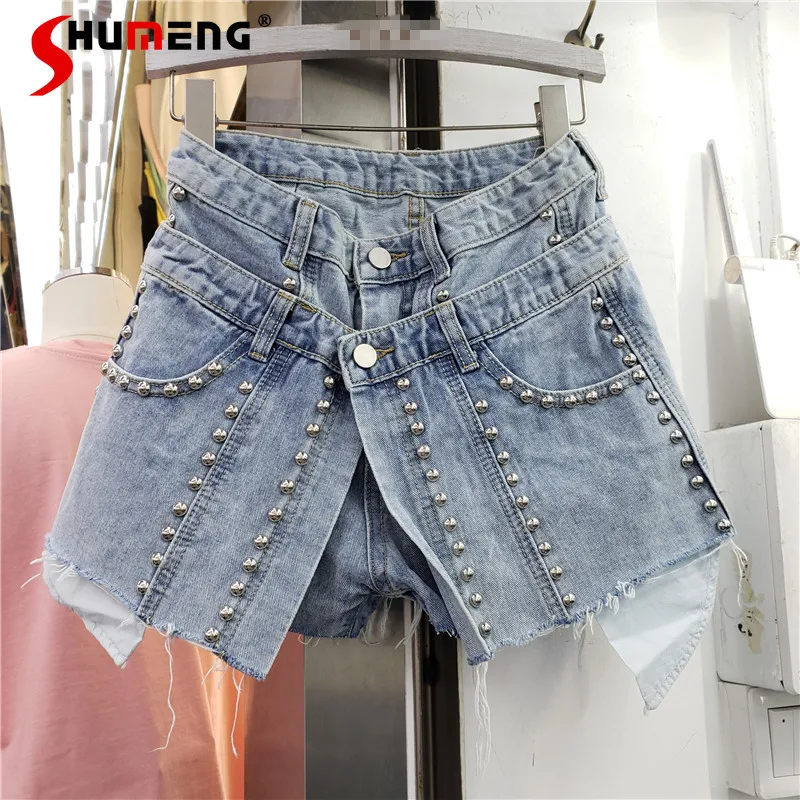 

2021 Summer New Double Layer Waist of Trousers Patchwork Jeans Ladies Fashion Split Rivet Loose Wide Leg Shorts Women's