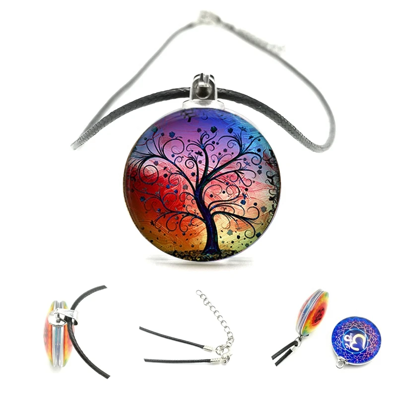 

2020 New Tree of Life Double-sided Pendant Necklace 25mm Glass Cabochon Black Leather Cord Necklace Men and Women Jewelry Gifts