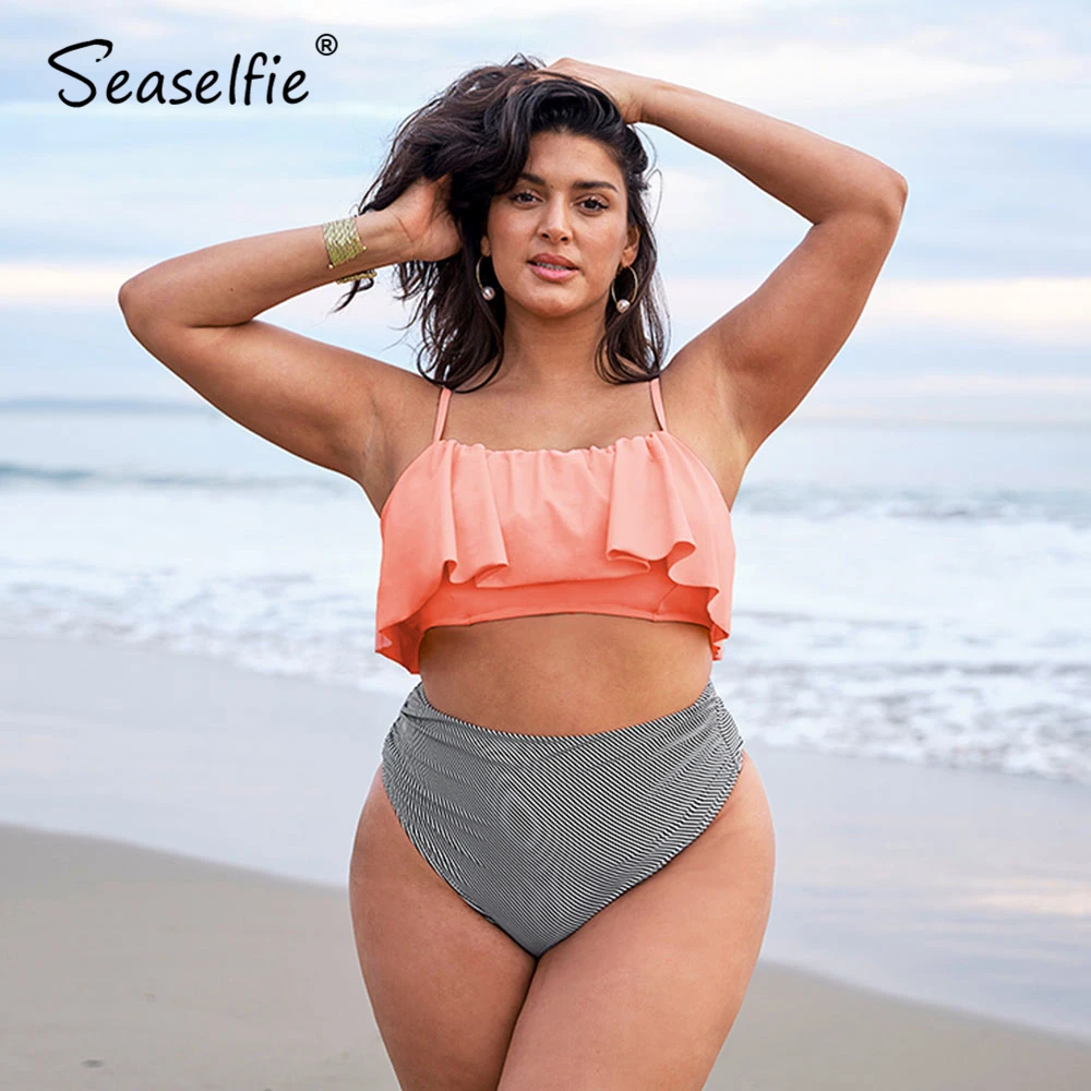 

SEASELFIE Plus Size Tank High Waist Bikini Sets Women Sexy Large Size Pink Ruffled Two Pieces Swimsuit 2022 Beach Swimming Suit