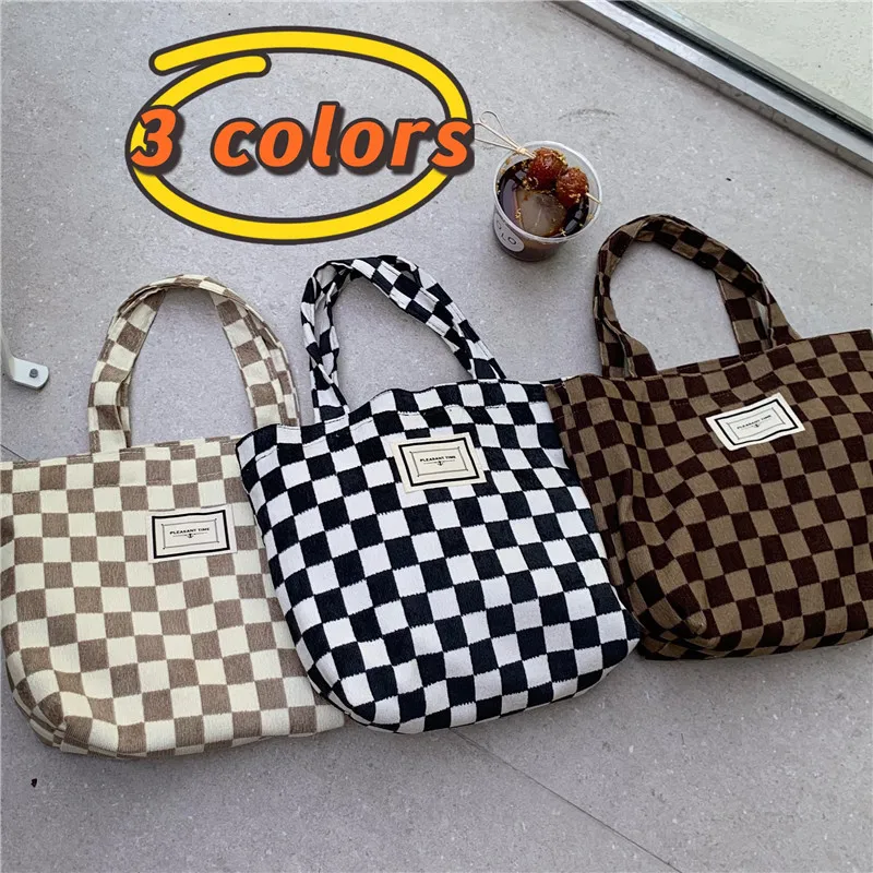 

Corduroy Checkerboard Women Lunch Bento Bag Retro Plaid Female Small Carrying Shoulder Bags Girls Student Portable Handbags